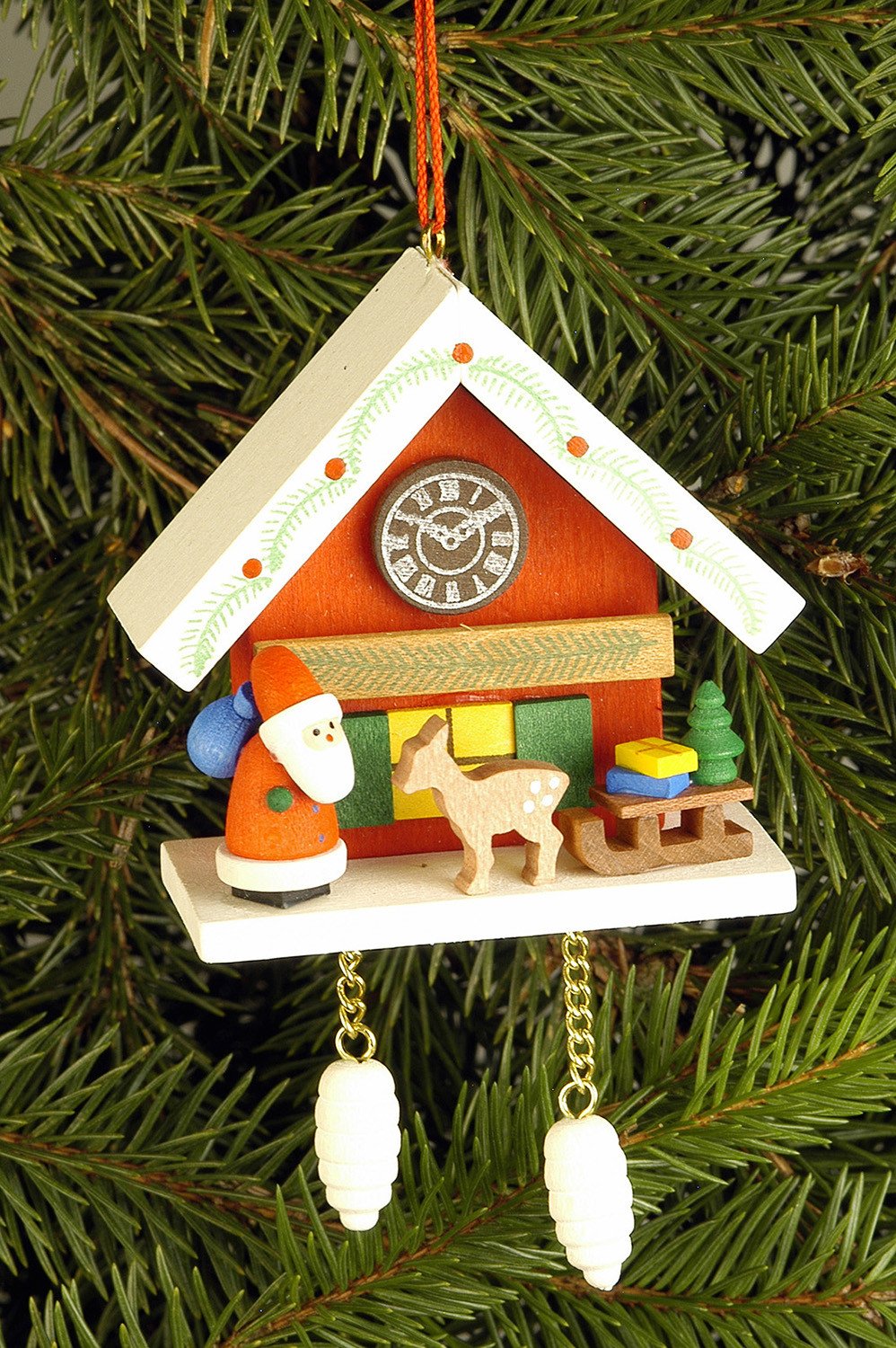 Cuckoo Clock - Santa and Reindeer under snow-capped Roof - Christmas tree decoration